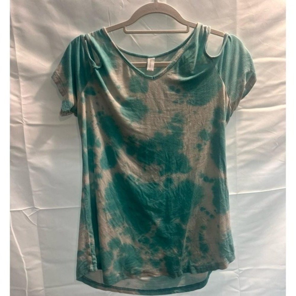 NILOTICUS Women Teal White Tie Dye Cold Shoulder V-Neck Short Sleeve Top Medium